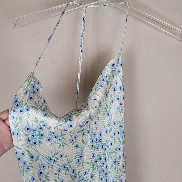 Zara S Structured Floral Mini Slip Dress Cowl Neck Strappy Racerback Ivory Blue - Picture 7 of 12